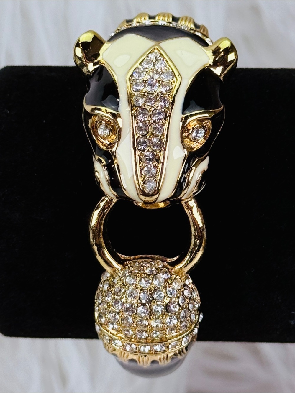 *Vintage Goldtone and Black Enamel Pavé Panther Hinged Bracelet
